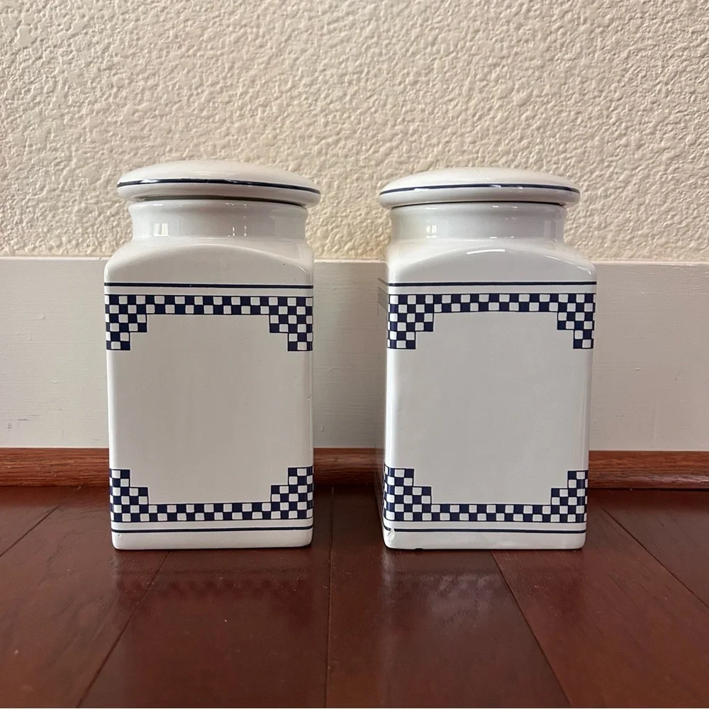 Vintage French Lustucru Style Sel (salt) Canisters Blue White Ceramic Set 2